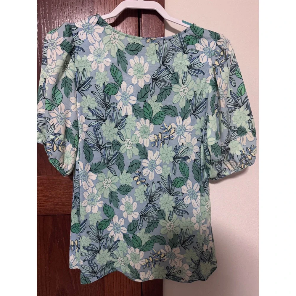 LOFT Floral Puff Sleeve Top Light Blue Green White Women's Medium M